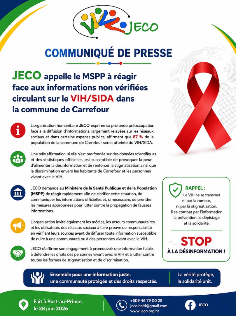 JECO appelle le MSPP à clarifier les informations non vérifiées sur le VIH/SIDA à Carrefour JECO appelle le MSPP à clarifier les informations non vérifiées sur le VIH/SIDA à Carrefour